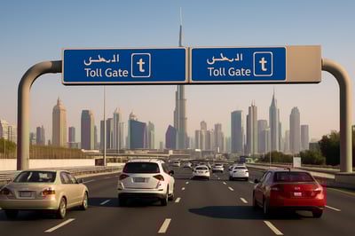 Dubai toll road with cars and city skyline